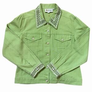 Christine Alexander Green Denim Jacket Embellished Swarovski Crystal Rhinestones